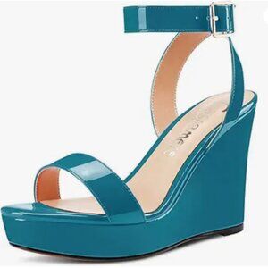 Teal Women High Wedge Platform Heel Peep Open Toe Sandals Ankle Strap 7Med.